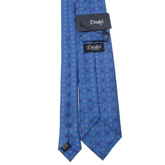 Drake's NWT Neck Tie in Blue w/ Red/White/Light Blue Geometric Pattern 100% Silk